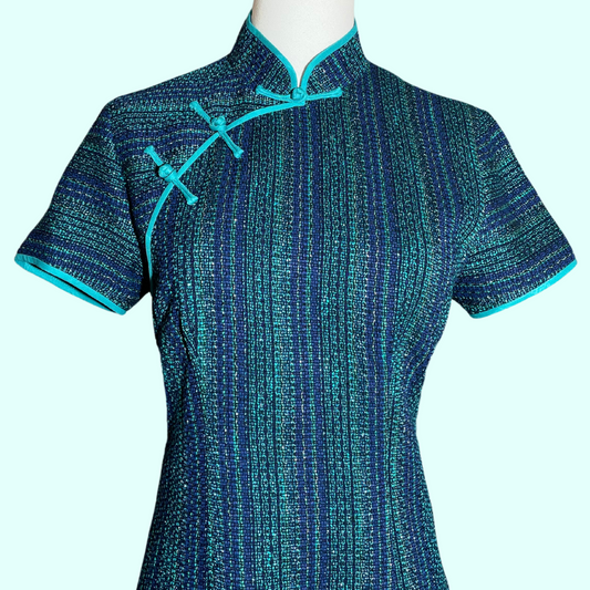 Navy Teal Blue Shimmer Tweed Cheongsam